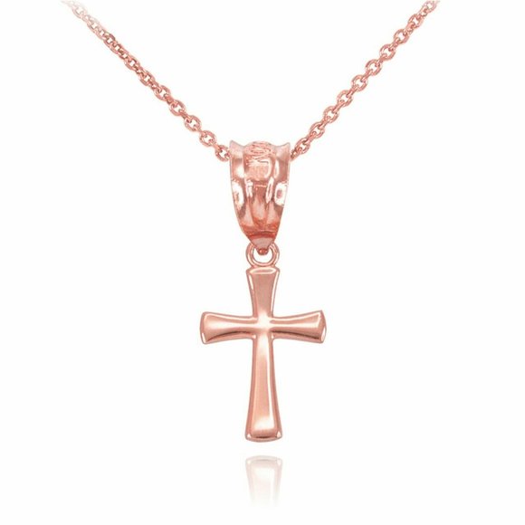14k Rose Solid Gold Mini Cross Small Necklace